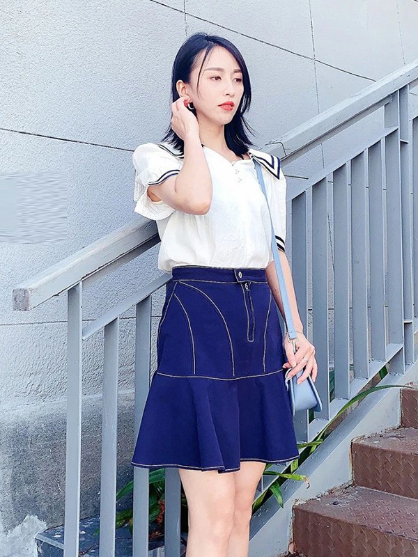 熙加女装2023春夏季藏蓝色半身裙