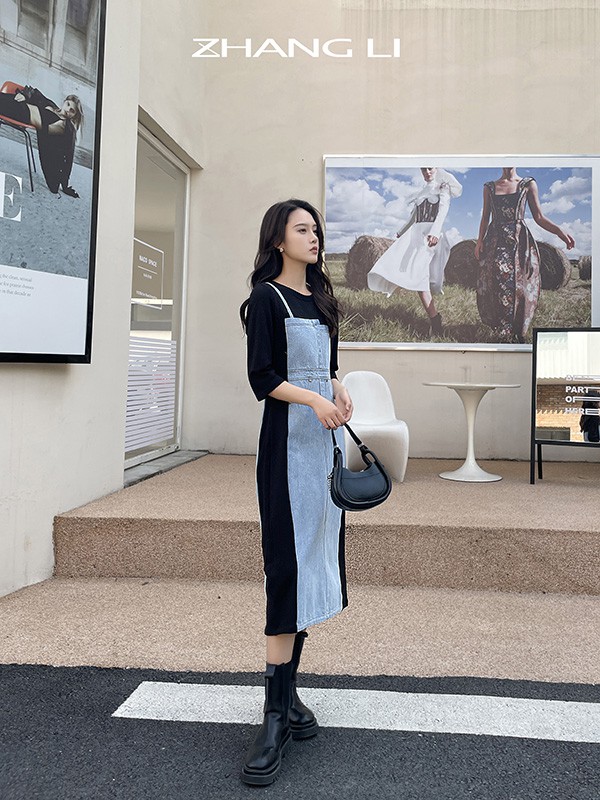 ZHANGLI2022秋冬季拼色连衣裙
