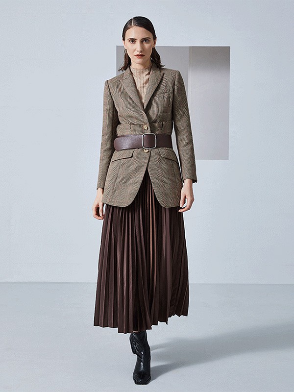 素匠女装2022秋冬季军绿色百褶裙