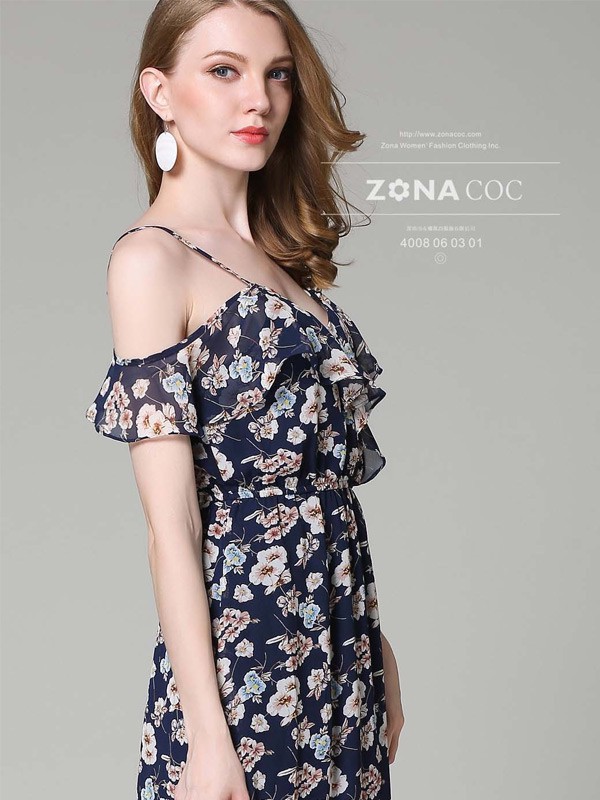 左娜女装2022春夏季藏蓝色吊带裙