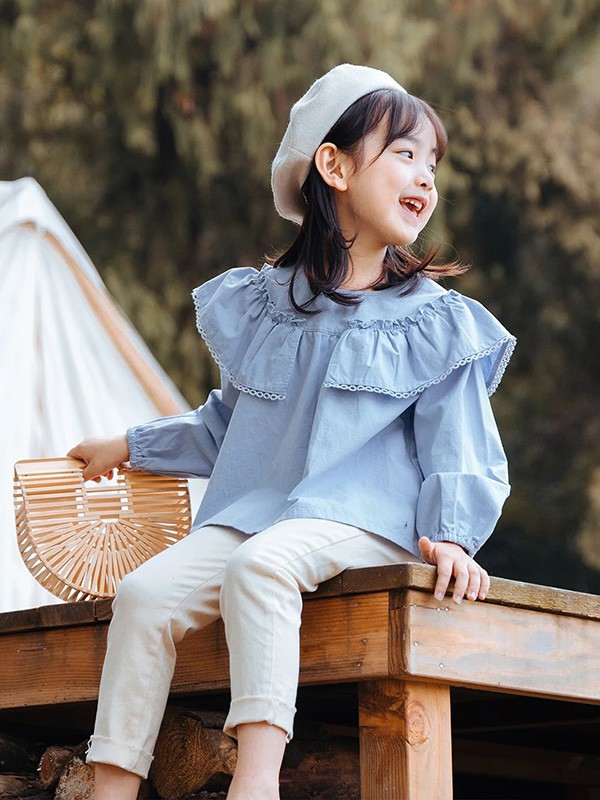 爱西西童装2023春夏季蓝色衬衫