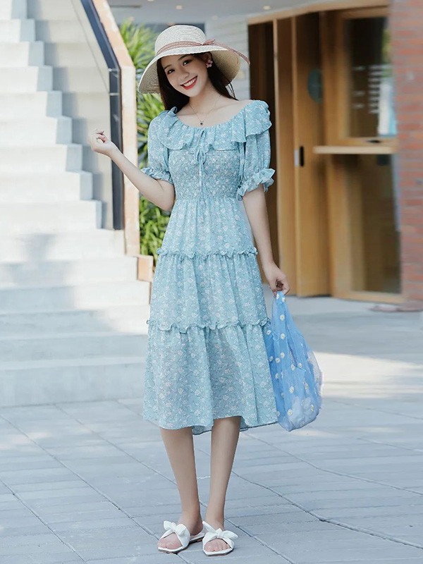 提图斯女装2023春夏季蓝色连衣裙