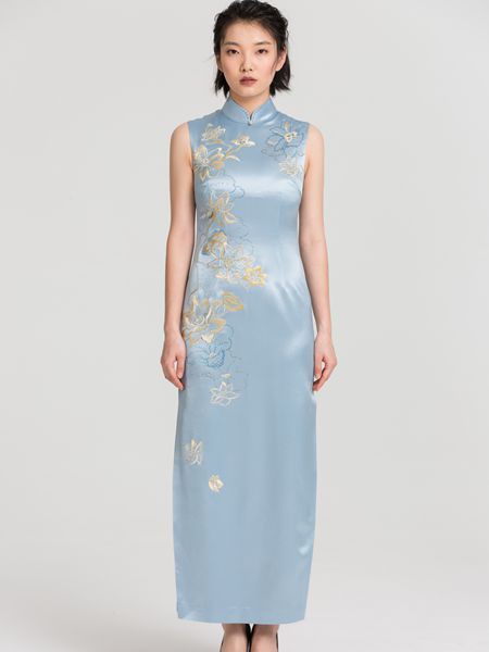 秦艺女装2023春夏季蓝色旗袍