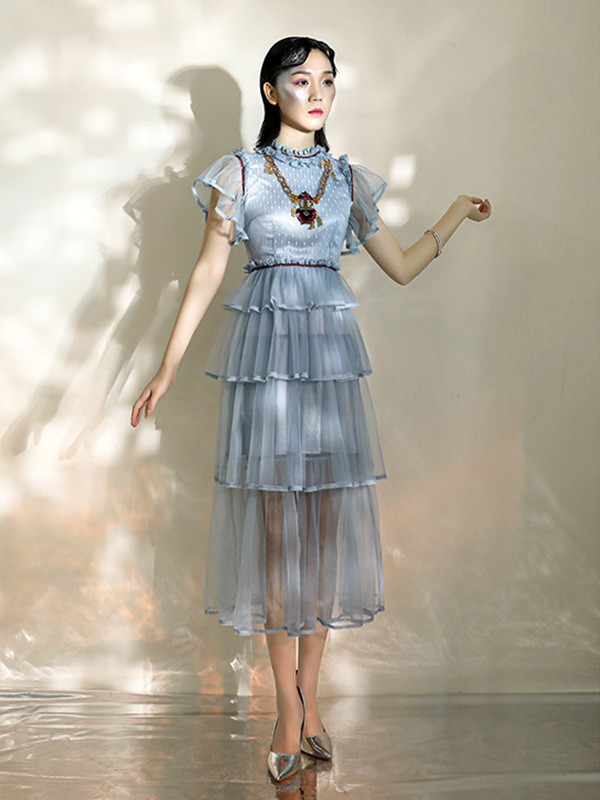 OceanFlame女装2023春夏季蓝色连衣裙