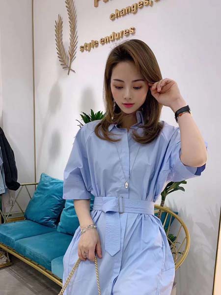 独外2023春夏季蓝色衬衫裙