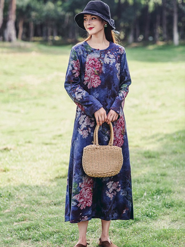 识衣纪女装2022秋冬季藏蓝色连衣裙