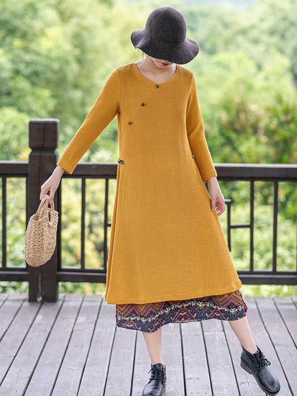 识衣纪女装2022秋冬季黄色连衣裙