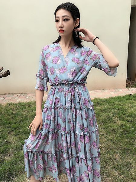 女衣号女装2023春夏季蓝色连衣裙
