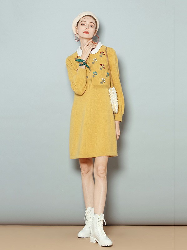 皮皮狗女装2022秋冬季黄色连衣裙