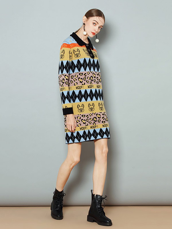 皮皮狗女装2022秋冬季黄色毛衣裙