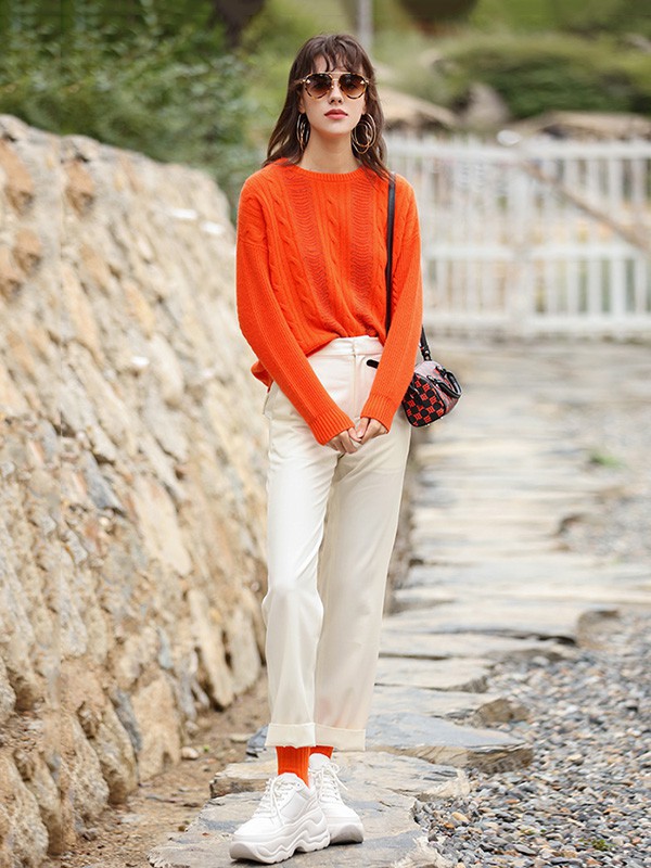 皮皮狗女装2022秋冬季橙色毛衣