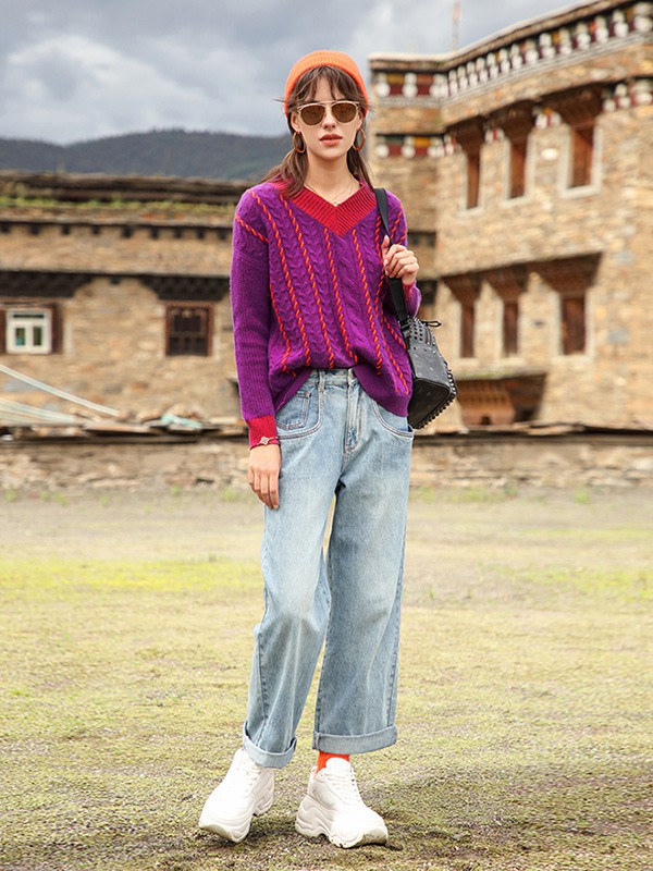 皮皮狗女装2022秋冬季紫色毛衣