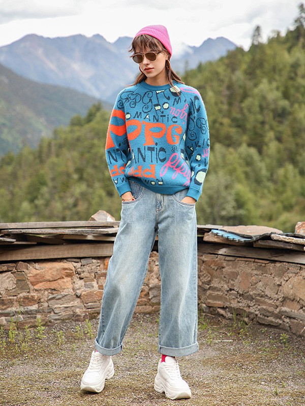 皮皮狗女装2022秋冬季蓝色毛衣