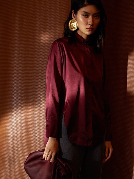 慕歌2022春夏季酒红色衬衫