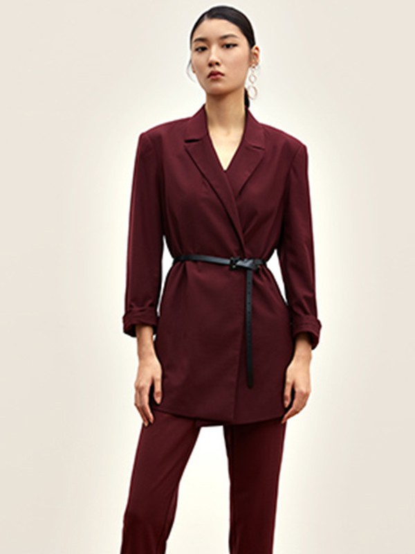 慕歌女装2022秋冬季酒红色西装