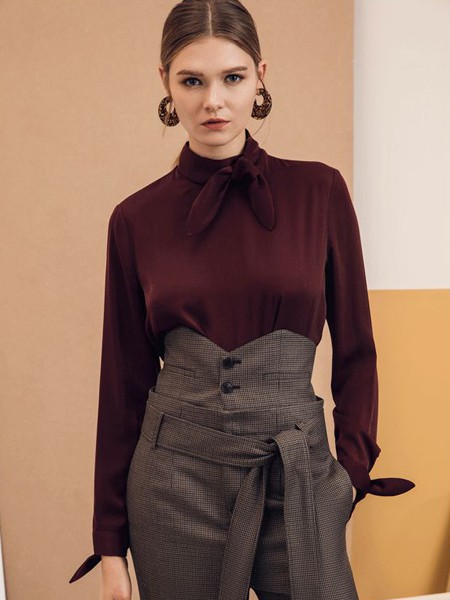 TRANDS女装2022秋冬季酒红色衬衫