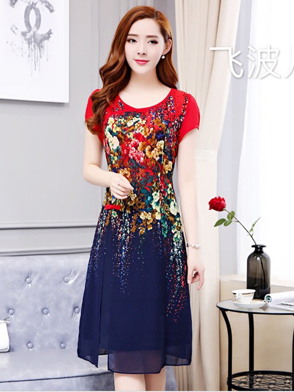 飞波儿女装2023春夏季拼色连衣裙