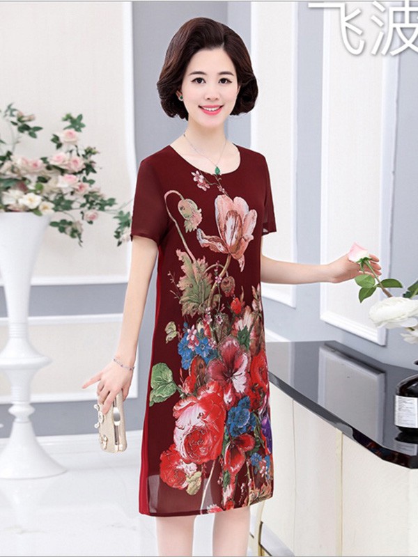 飞波儿女装2023春夏季酒红色连衣裙