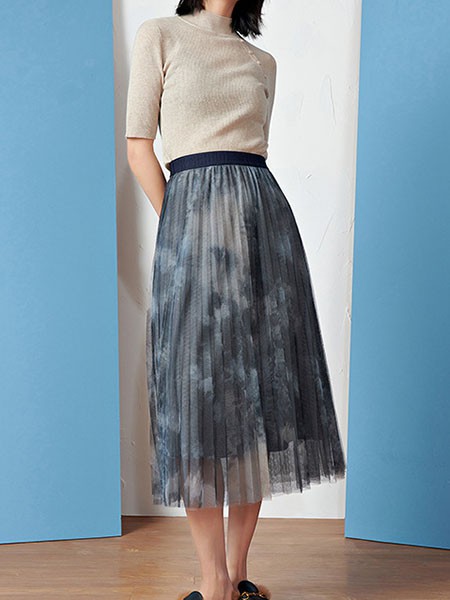 百味丽人女装2022秋冬季蓝色百褶裙