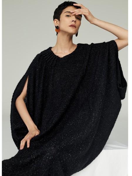 清静语女装2022秋冬季黑色连衣裙