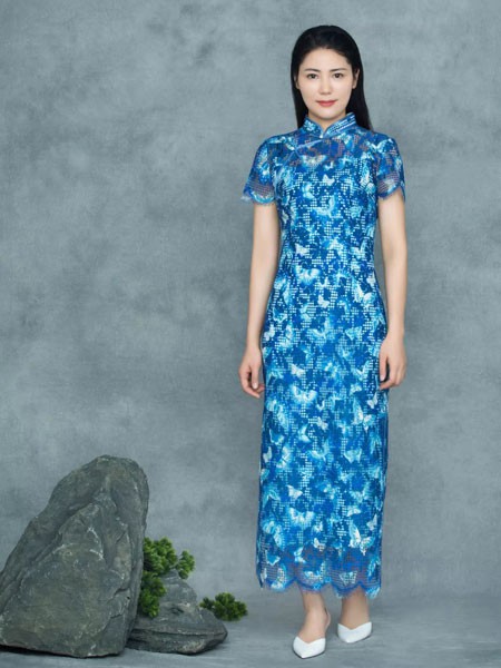 浒城古娘女装2023春夏季蓝色旗袍