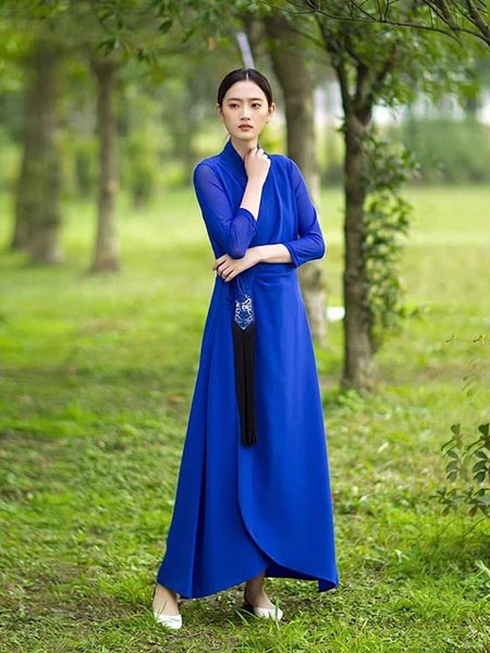 浒城古娘女装2023春夏季蓝色连衣裙