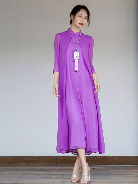 浒城古娘女装2023春夏季紫色连衣裙