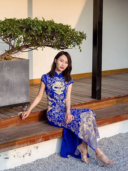 浒城古娘女装2023春夏季蓝色旗袍