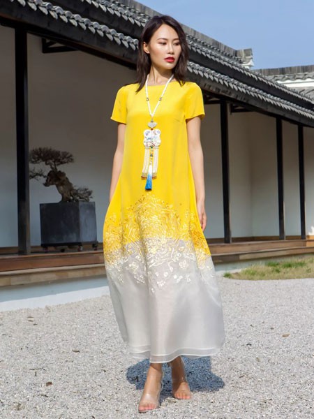 浒城古娘女装2023春夏季黄色连衣裙