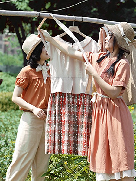 棉麻生活馆女装2023春夏季橙色连衣裙