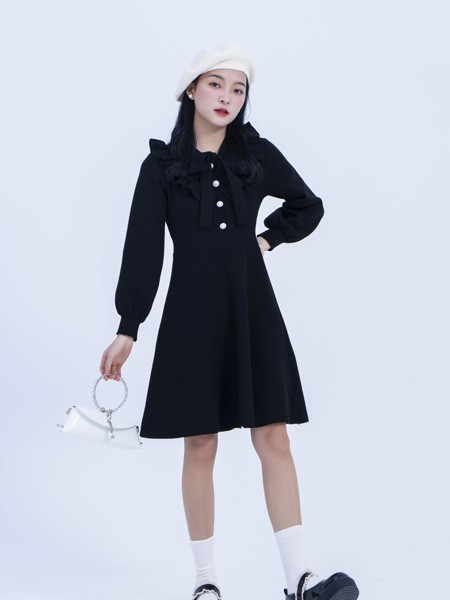 木子简MSDOU女装2022秋冬季黑色连衣裙