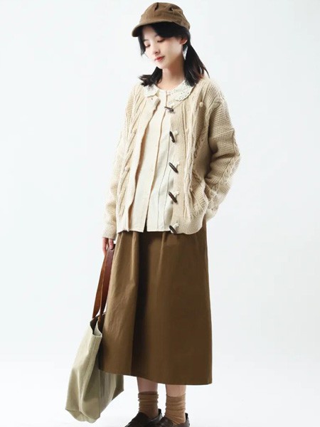 本色A8原创女装2022秋冬季咖啡色长裙