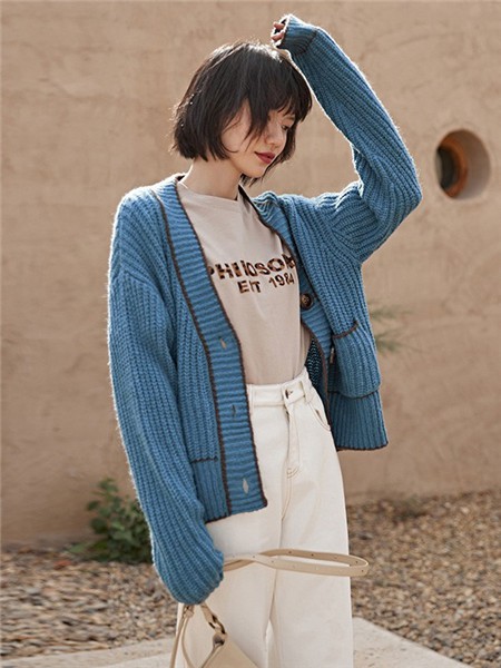安素尚女装2022秋冬季蓝色针织衫