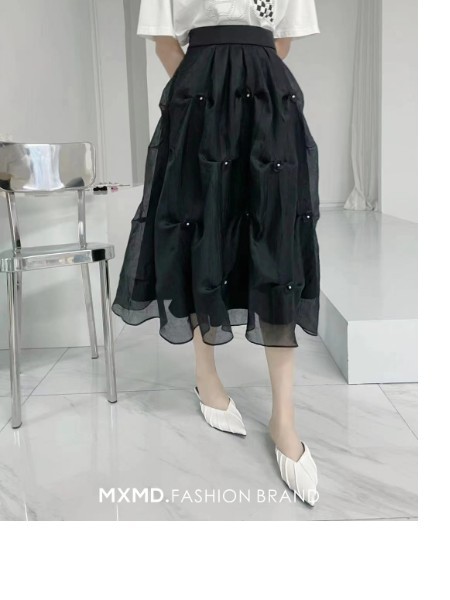 嫚皙MXMD女装2023春夏季黑色纱裙