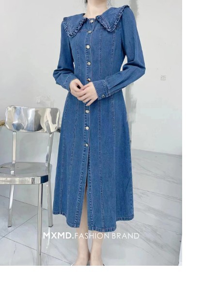 嫚皙MXMD女装2023春夏季藏蓝色衬衫裙