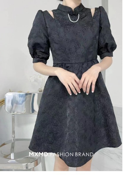 嫚皙MXMD女装2023春夏季黑色连衣裙