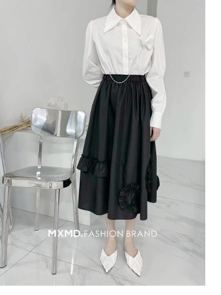 嫚皙MXMD女装2023春夏季黑色长裙