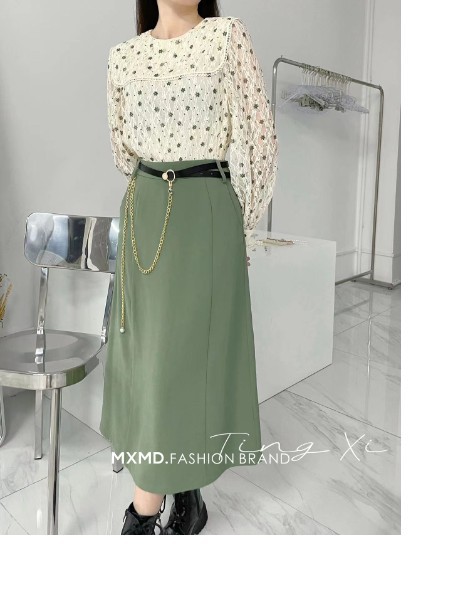 嫚皙MXMD女装2023春夏季抹茶绿长裙