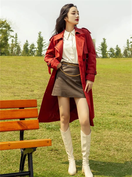 夏斐2022秋冬季酒红色风衣