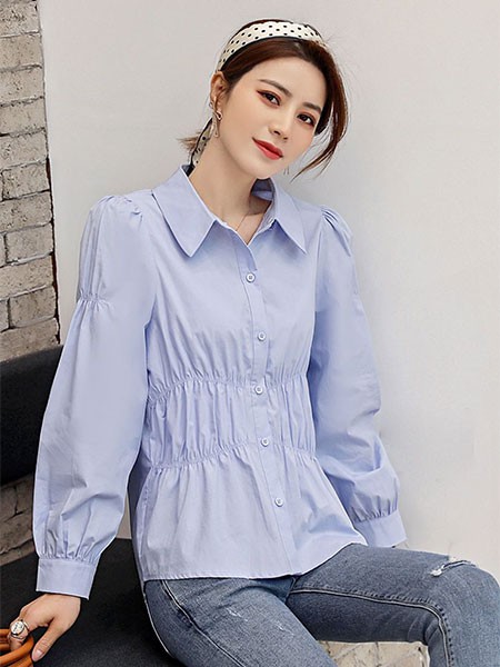千伊诺女装2022秋冬季蓝色衬衫
