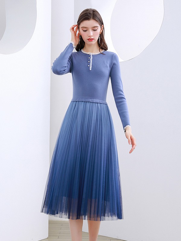 未风WIFING女装2022秋冬季蓝色纱裙