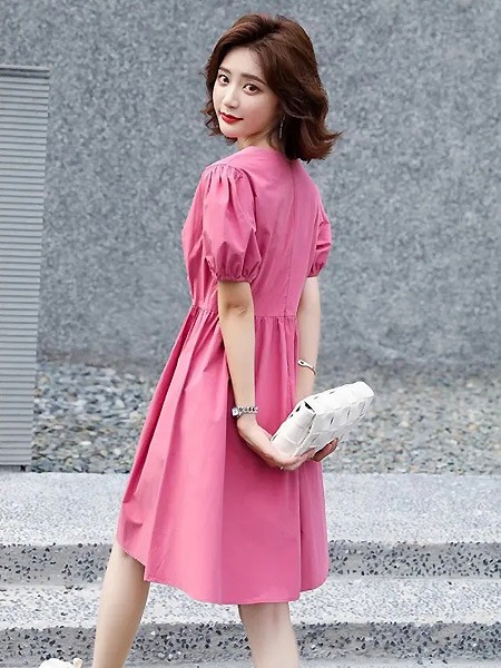 例纹EXPVON女装2023春夏季粉色连衣裙