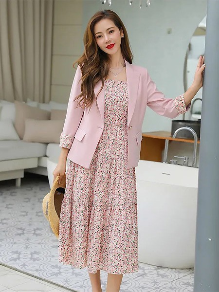 例纹EXPVON女装2023春夏季粉色连衣裙