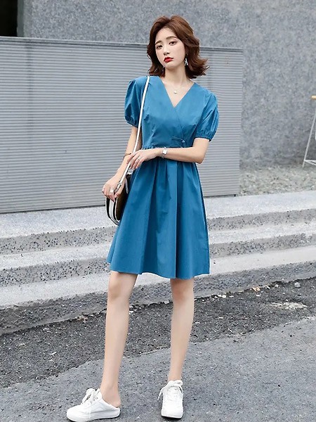 例纹EXPVON女装2023春夏季蓝色连衣裙