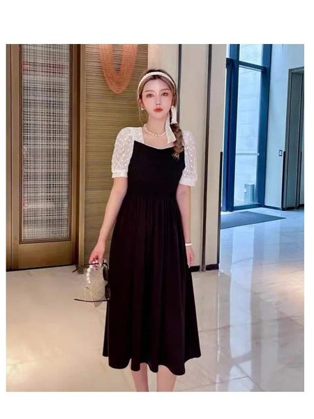 例纹EXPVON女装2023春夏季黑色连衣裙