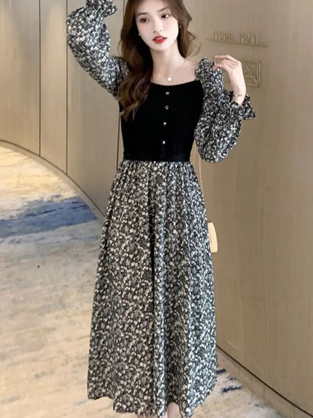 优韩一号UHAN1女装2023春夏季黑色连衣裙