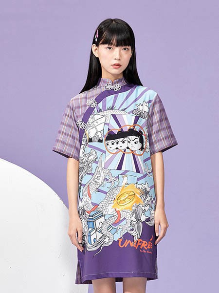 UNIFEE女装2023春夏季紫色连衣裙