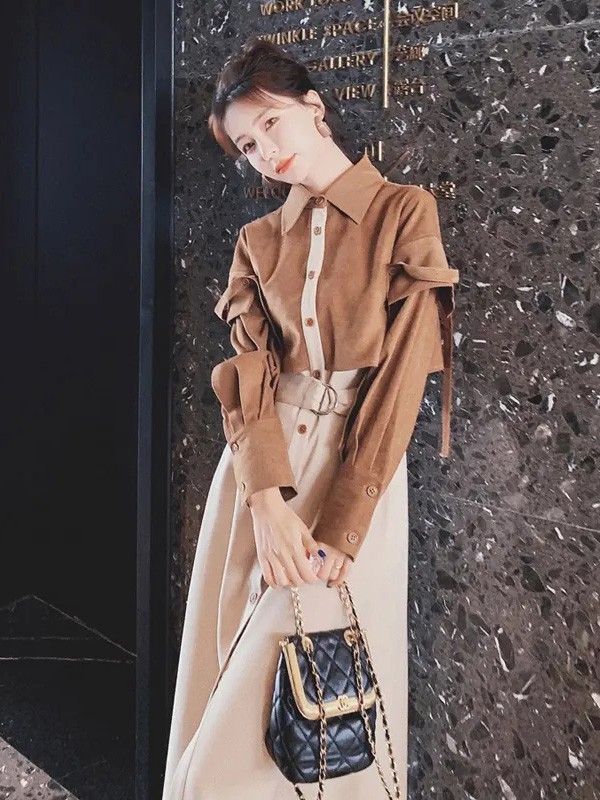 SANDRO女装2022秋冬季卡其色长裙