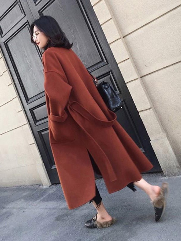 SANDRO女装2022秋冬季酒红色大衣