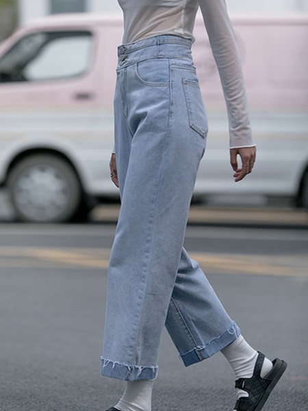 EGGKA女装2023春夏季蓝色阔腿裤